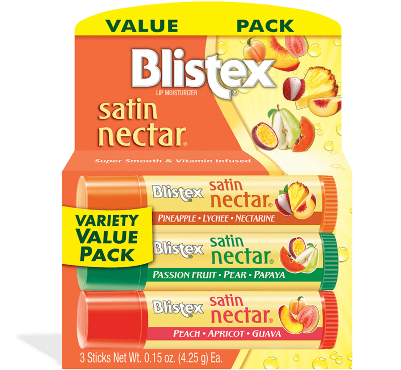 Blistex Satin Nectar Blended Candy Pack .15 oz - 24 Pcs. .15 oz Passionfruit-Pear-Papaya - 8 Pcs. .15 oz Pineapple-Lychee-Nectarine - 8 Pcs. .15 oz Peach-Apricot-Guava - 8 Pcs product package