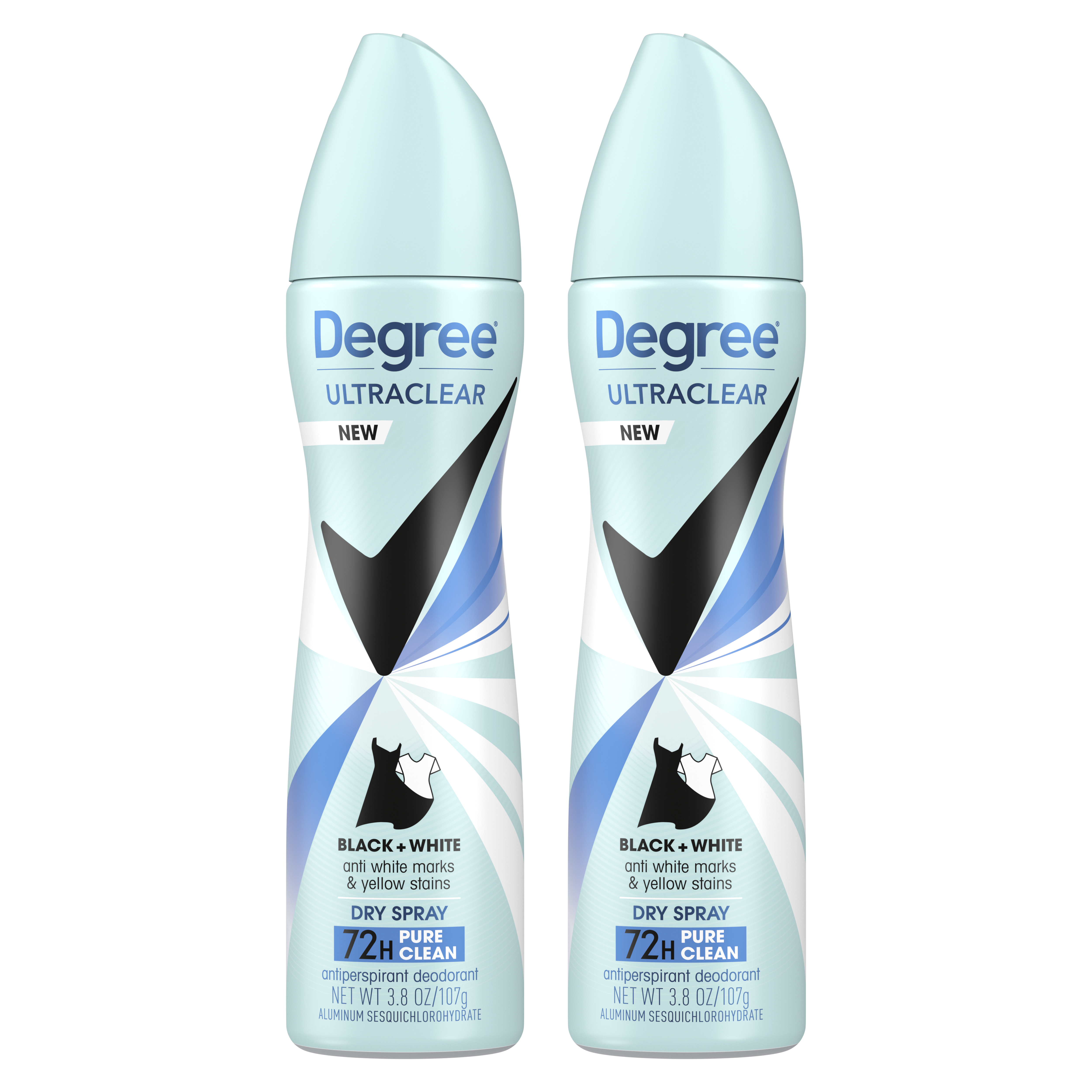 Degree Women UltraClear Black + White Pure Clean Dry Spray Antiperspirant Deodorant Twin Pack 2 × 3.8 oz product package