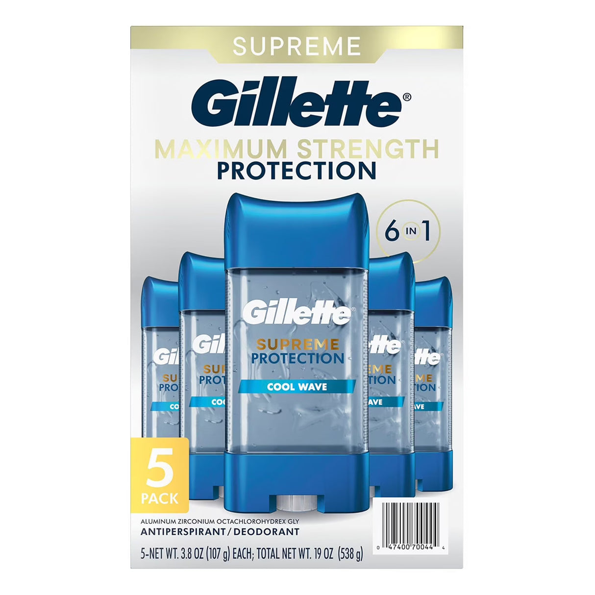 Gillette Supreme Protection Clear Gel Antiperspirant & Deodorant — Cool Wave, 5-Pack 5 × 3.8 oz (19 oz total) product package