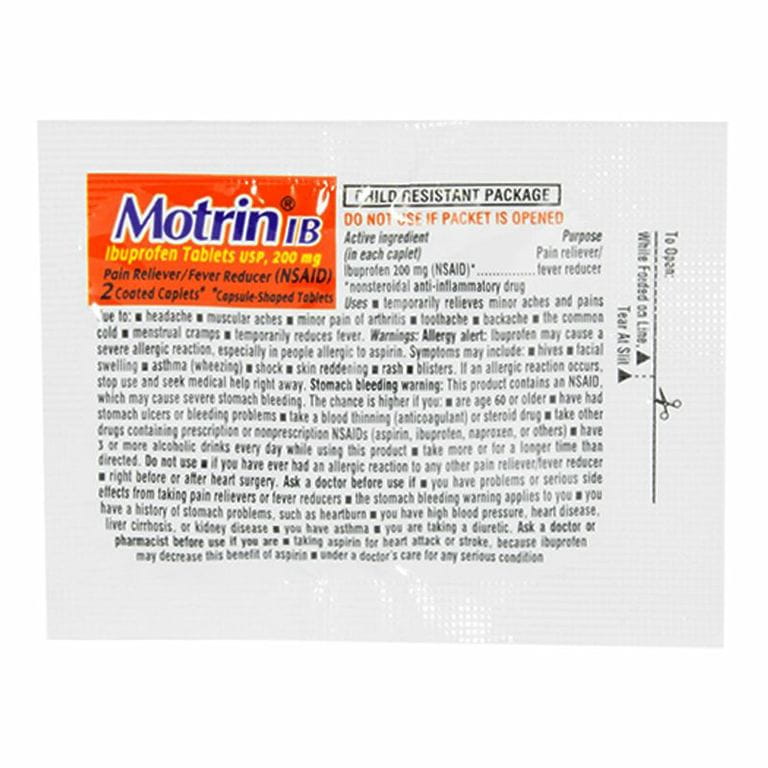 Motrin IB Ibuprofen Coated Caplets, 200 mg 2ct product package