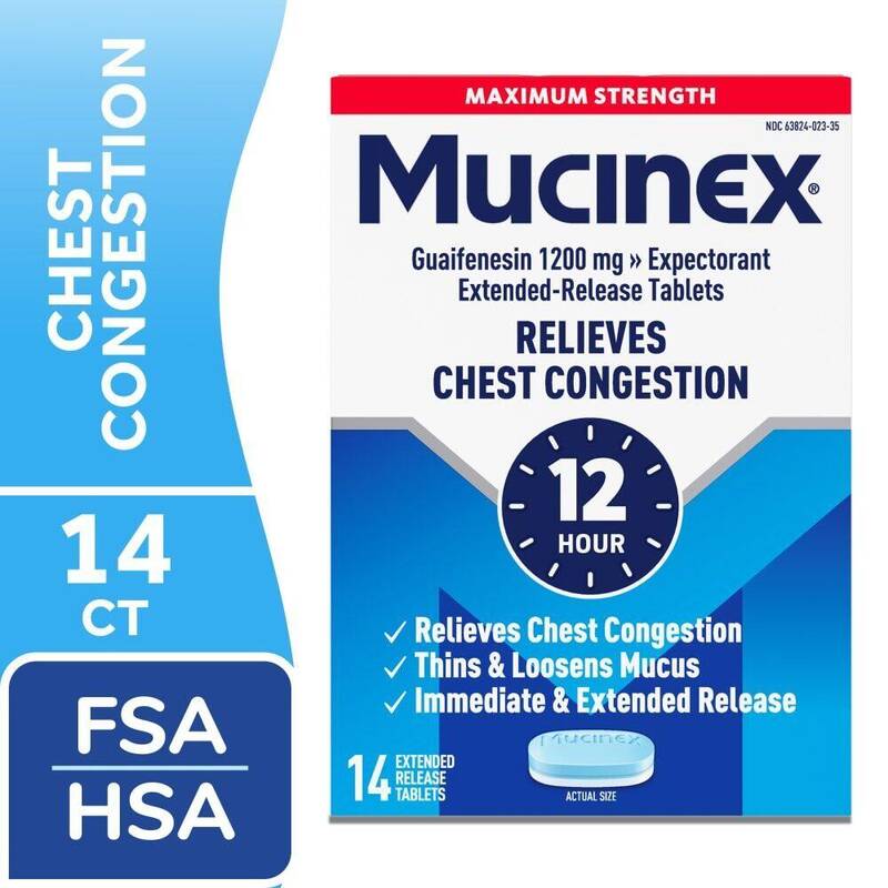 Mucinex Maximum Strength 12-Hour Chest Congestion Expectorant Extended-Release Bi-Layer Tablets, 1,200 mg 14ct product package
