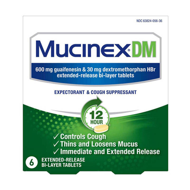 Mucinex DM 12-Hour Expectorant & Cough Suppressant Extended-Release Bi-Layer Tablets, 600 mg / 30 mg 6ct product package
