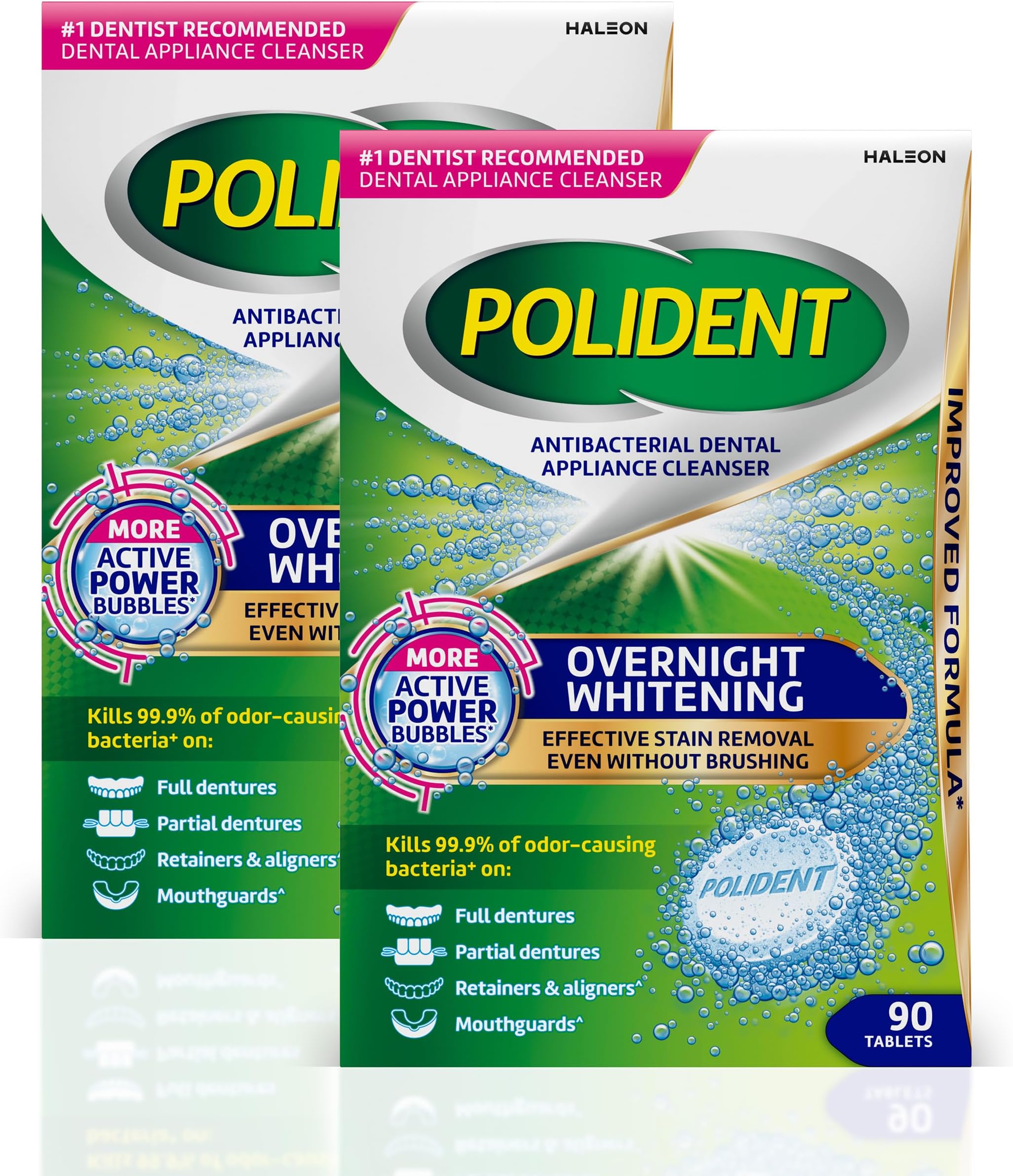 Overnight Whitening Antibacterial Dental Appliance Cleanser Tablets — Twin Pack 2 × 90 ct (180 tablets total) product package