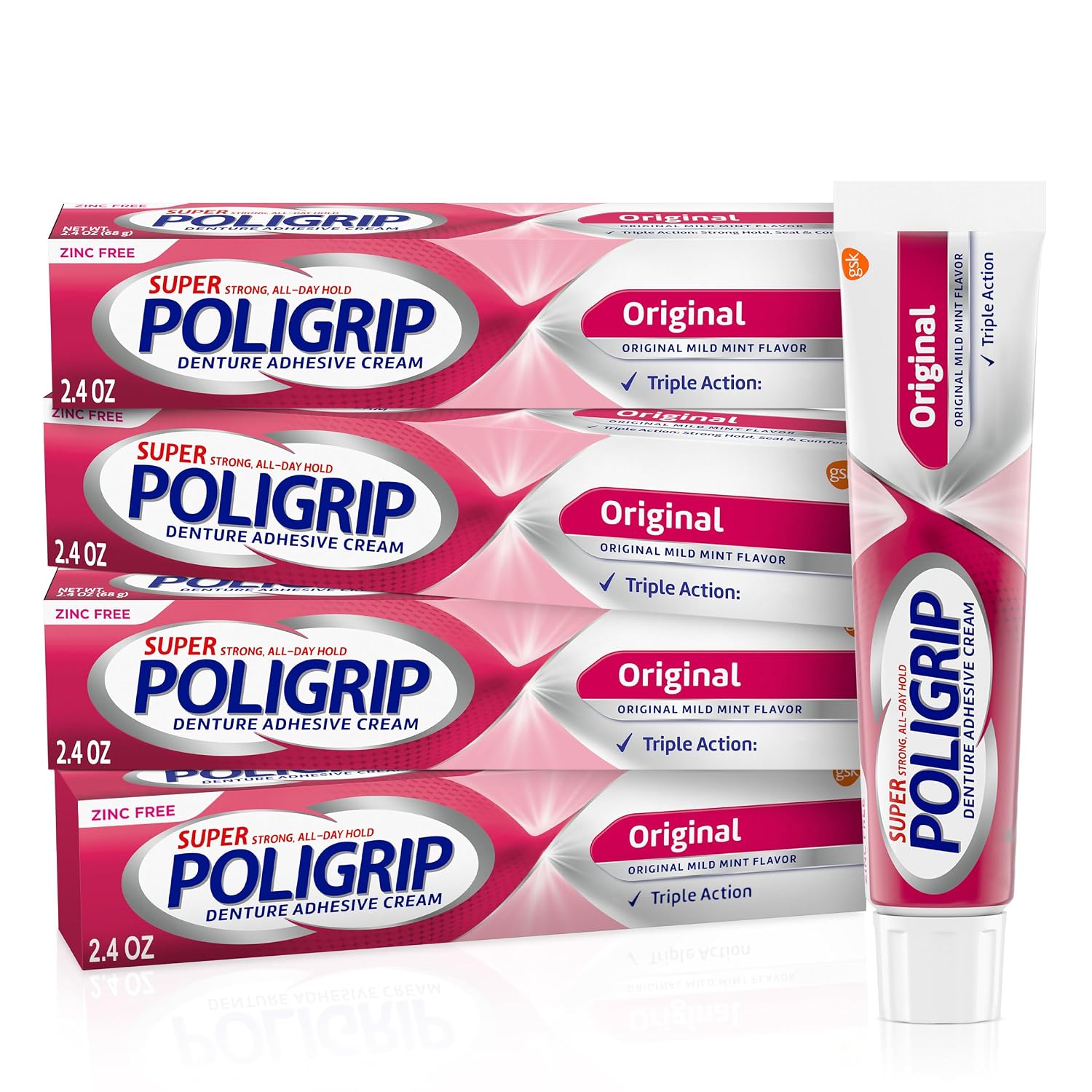 Super Poligrip Original Denture Adhesive Cream 4-Pack 4 × 2.4 oz (68 g) product package