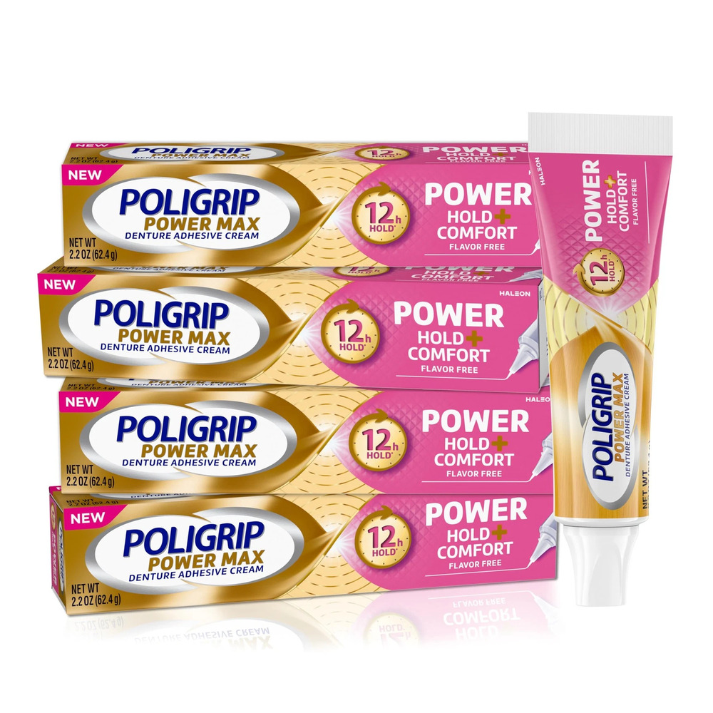 Poligrip Power Max Hold + Comfort Denture Adhesive Cream 4-Pack 4 × 2.2 oz (62.4 g) product package