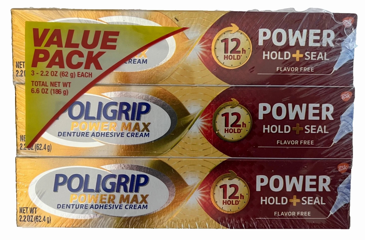 Poligrip Power Max Hold + Seal Denture Adhesive Cream 3-Pack 3 × 2.2 oz (62.4 g; 6.6 oz total) product package