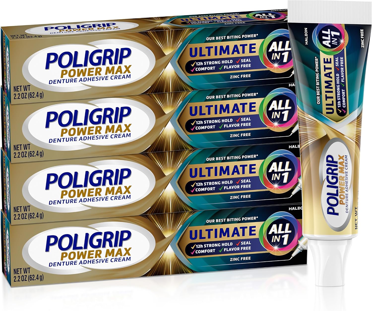 Poligrip Power Max Ultimate All-In-1 Denture Adhesive Cream 4-Pack 4 × 2.2 oz (62.4 g; 8.8 oz total) product package