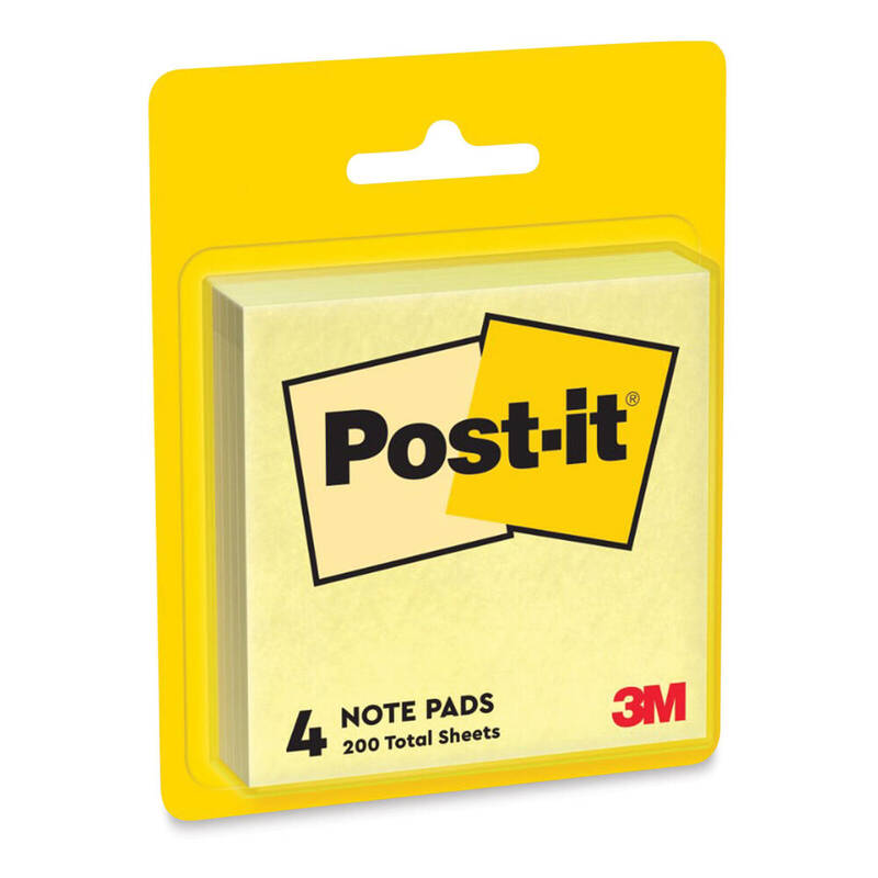 Post-it Notes, Canary Yellow, 3 × 3 in, 50 Sheets per Pad 4pk product package