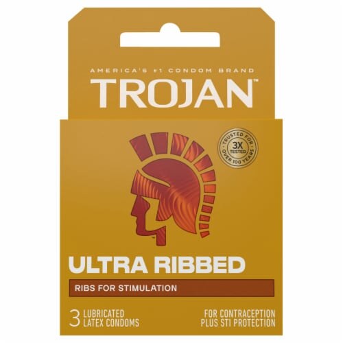 TROJAN Ultra Ribbed Lubricated Latex Condoms 3ct product package