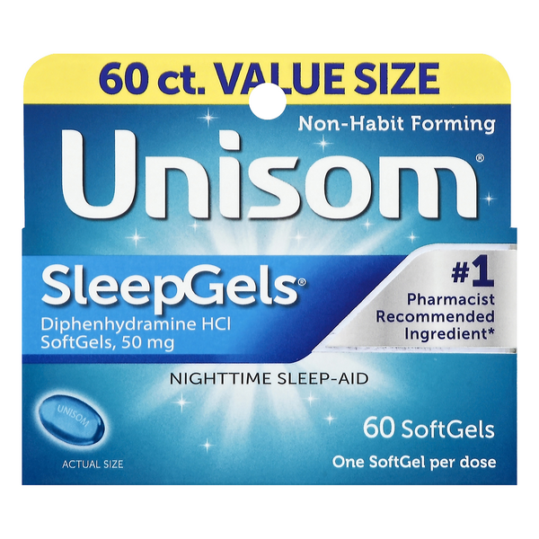 Unisom SleepGels Nighttime Sleep-Aid, Diphenhydramine HCl 50 mg, Value Size 60 softgels product package