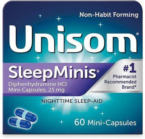 Unisom SleepMinis Nighttime Sleep-Aid, Diphenhydramine HCl 25 mg 60 mini-capsules product package