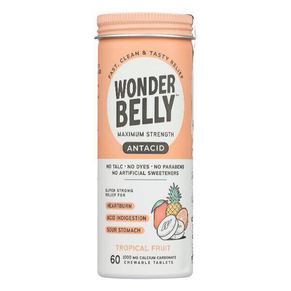 Wonderbelly Maximum Strength Antacid Chewable Tablets, Tropical Fruit, Calcium Carbonate 1000 mg 60 tablets product package