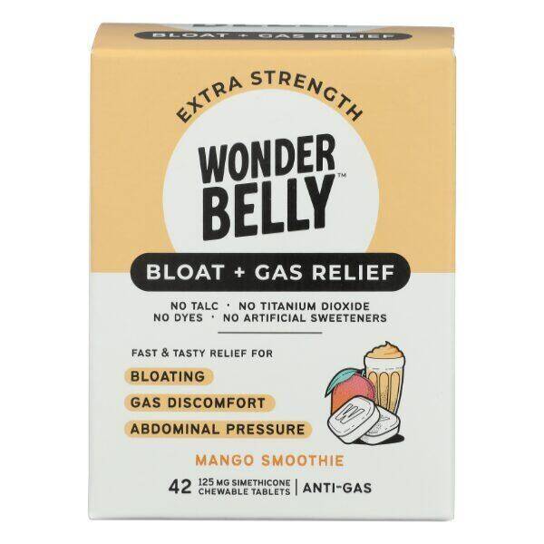 Wonderbelly Bloat + Gas Relief Extra Strength Chewable Tablets, Mango Smoothie, Simethicone 125 mg 42 tablets product package