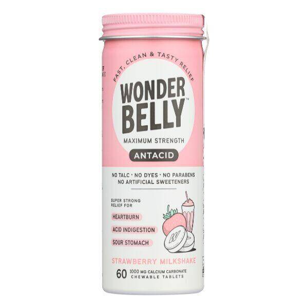 Wonderbelly Maximum Strength Antacid Chewable Tablets, Strawberry Milkshake, Calcium Carbonate 1000 mg 60 tablets product package