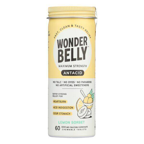 Wonderbelly Maximum Strength Antacid Chewable Tablets, Lemon Sorbet, Calcium Carbonate 1000 mg 60 tablets product package