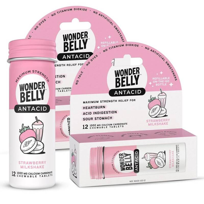 Wonderbelly Maximum Strength Antacid Chewable Tablets, Strawberry Milkshake, Calcium Carbonate 1000 mg 12 tablets product package