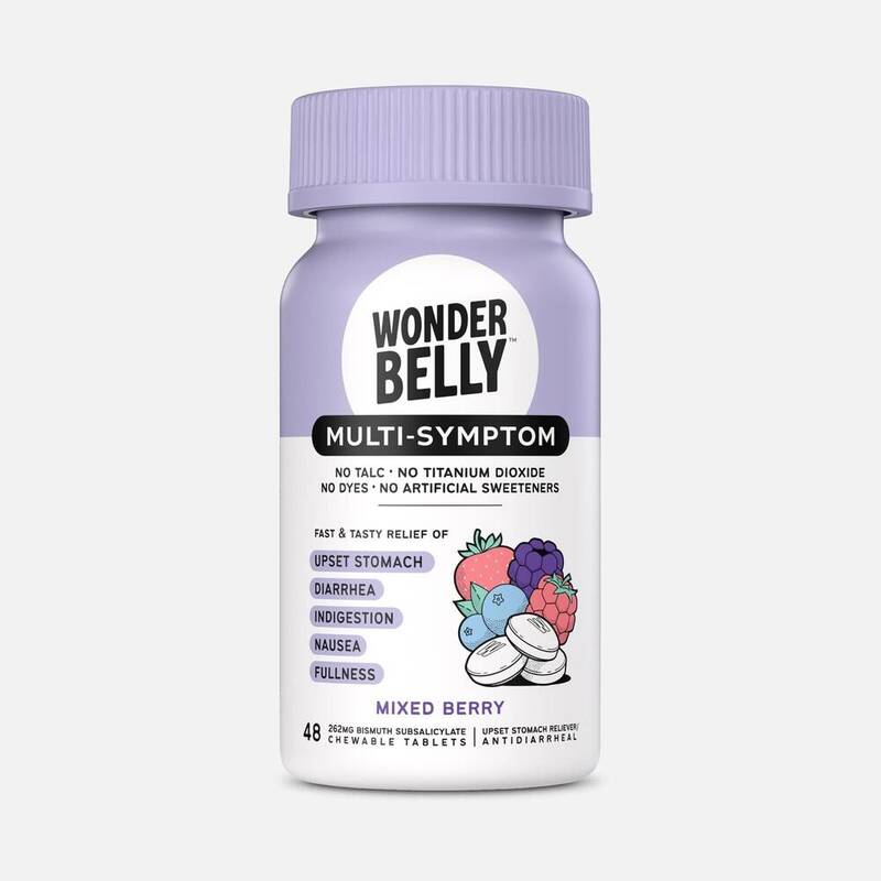 Wonderbelly Multi-Symptom Relief Chewable Tablets, Mixed Berry, Bismuth Subsalicylate 262 mg 48 tablets product package