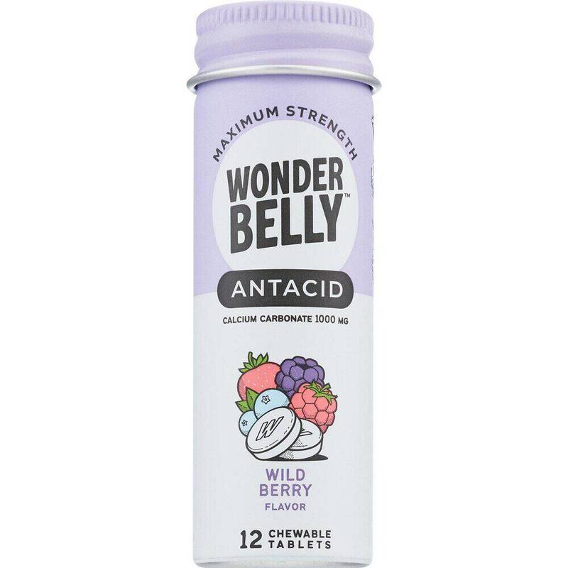 Wonderbelly Maximum Strength Antacid Chewable Tablets, Wild Berry, Calcium Carbonate 1000 mg 12 tablets product package