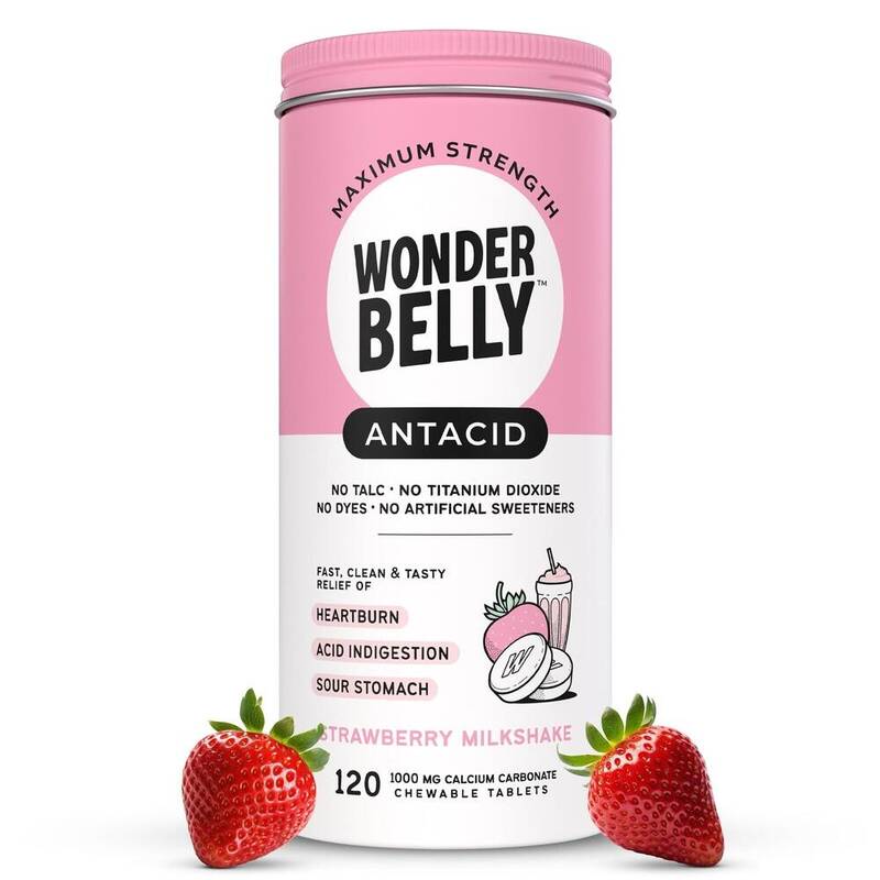 Wonderbelly Maximum Strength Antacid Chewable Tablets, Strawberry Milkshake, Calcium Carbonate 1000 mg 120 tablets product package