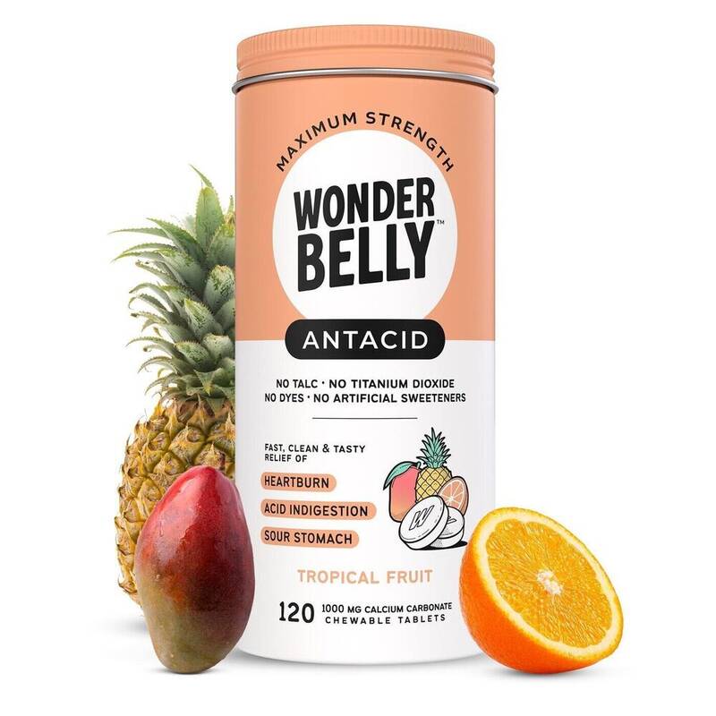 Wonderbelly Maximum Strength Antacid Chewable Tablets, Tropical Fruit, Calcium Carbonate 1000 mg 120 tablets product package