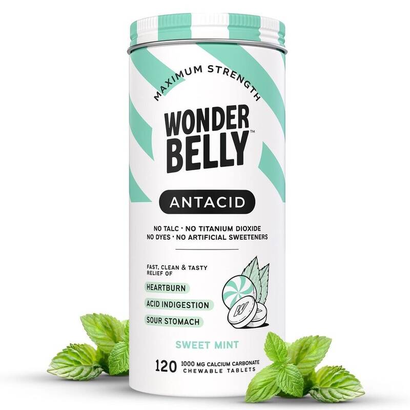 Wonderbelly Maximum Strength Antacid Chewable Tablets, Sweet Mint, Calcium Carbonate 1000 mg 120 tablets product package