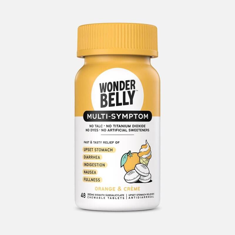 Wonderbelly Multi-Symptom Relief Chewable Tablets, Orange & Crème, Bismuth Subsalicylate 262 mg 48 tablets product package