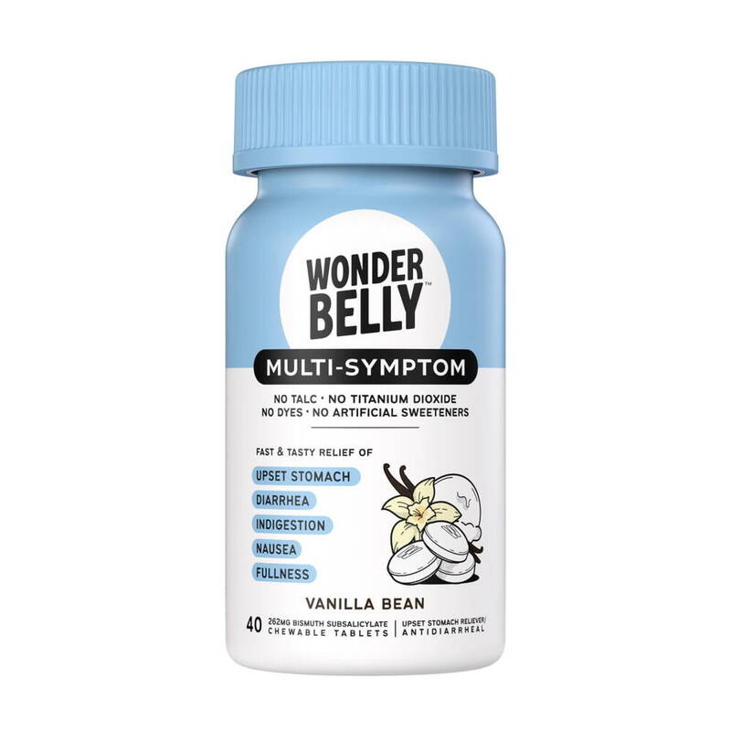 Wonderbelly Multi-Symptom Relief Chewable Tablets, Vanilla Bean, Bismuth Subsalicylate 262 mg 40 tablets product package