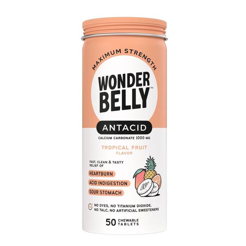 Wonderbelly Maximum Strength Antacid Chewable Tablets, Tropical Fruit, Calcium Carbonate 1000 mg 50 tablets product package
