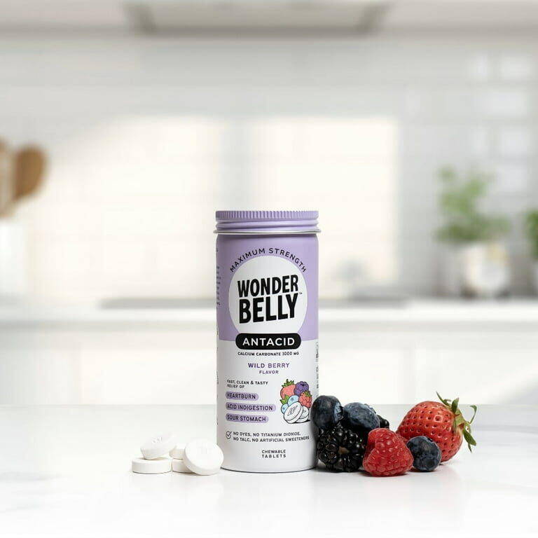 Wonderbelly Maximum Strength Antacid Chewable Tablets, Wild Berry, Calcium Carbonate 1000 mg 50 tablets product package