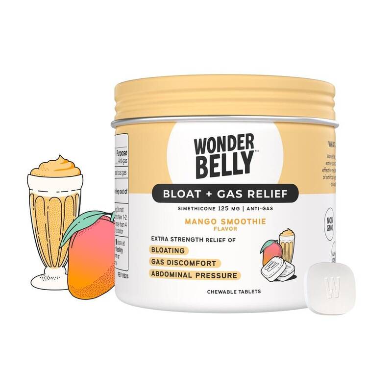 Wonderbelly Bloat + Gas Relief Extra Strength Chewable Tablets, Mango Smoothie, Simethicone 125 mg 35 tablets product package