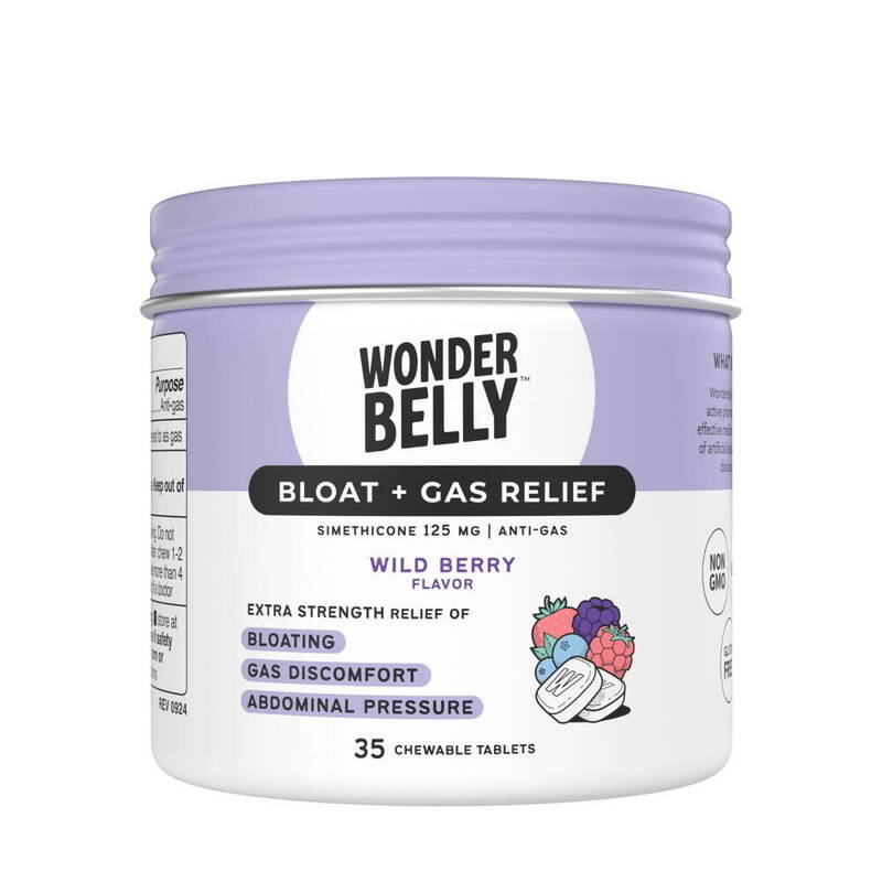 Wonderbelly Bloat + Gas Relief Extra Strength Chewable Tablets, Wild Berry, Simethicone 125 mg 35 tablets product package