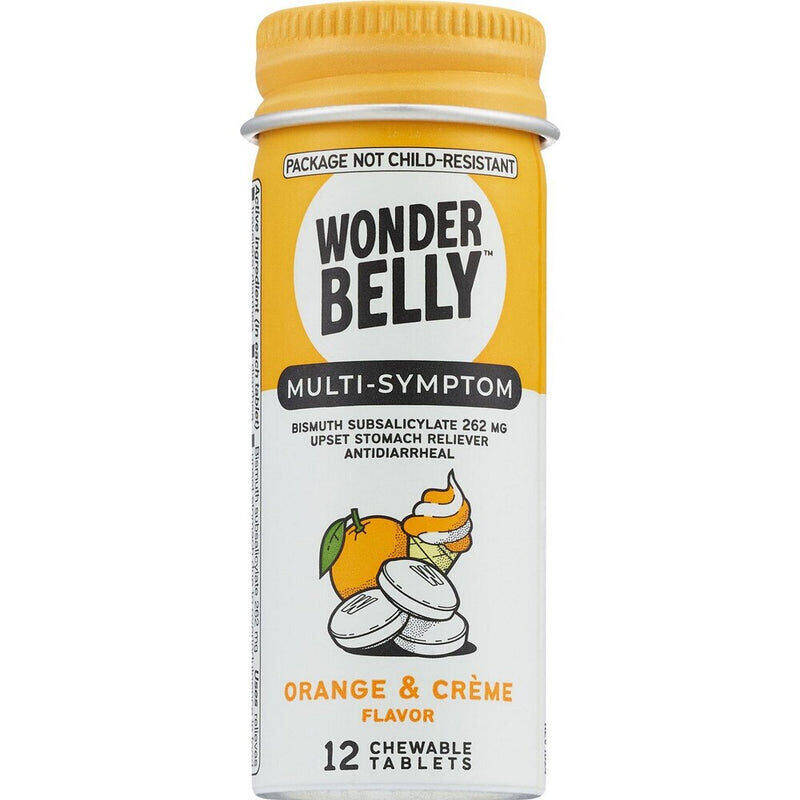 Wonderbelly Multi-Symptom Relief Chewable Tablets, Orange & Crème, Bismuth Subsalicylate 262 mg 12 tablets product package