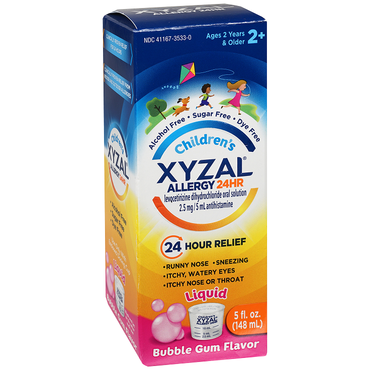 Children's Xyzal Allergy 24HR Oral Solution, Bubble Gum Flavor, Levocetirizine 2.5 mg per 5 mL 5 fl oz (148 mL) product package
