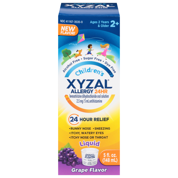 Children's Xyzal Allergy 24HR Oral Solution, Grape Flavor, Levocetirizine 2.5 mg per 5 mL 5 fl oz (148 mL) product package