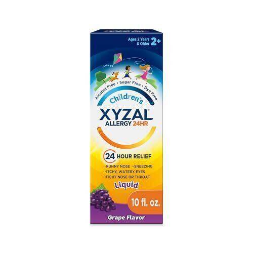 Children's Xyzal Allergy 24HR Oral Solution, Grape Flavor, Levocetirizine 2.5 mg per 5 mL 10 fl oz (296 mL) product package