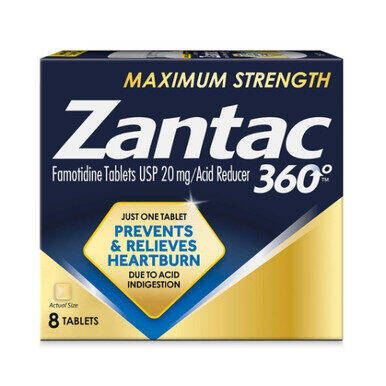 Zantac 360 Maximum Strength Acid Reducer, Famotidine 20 mg 8 tablets product package