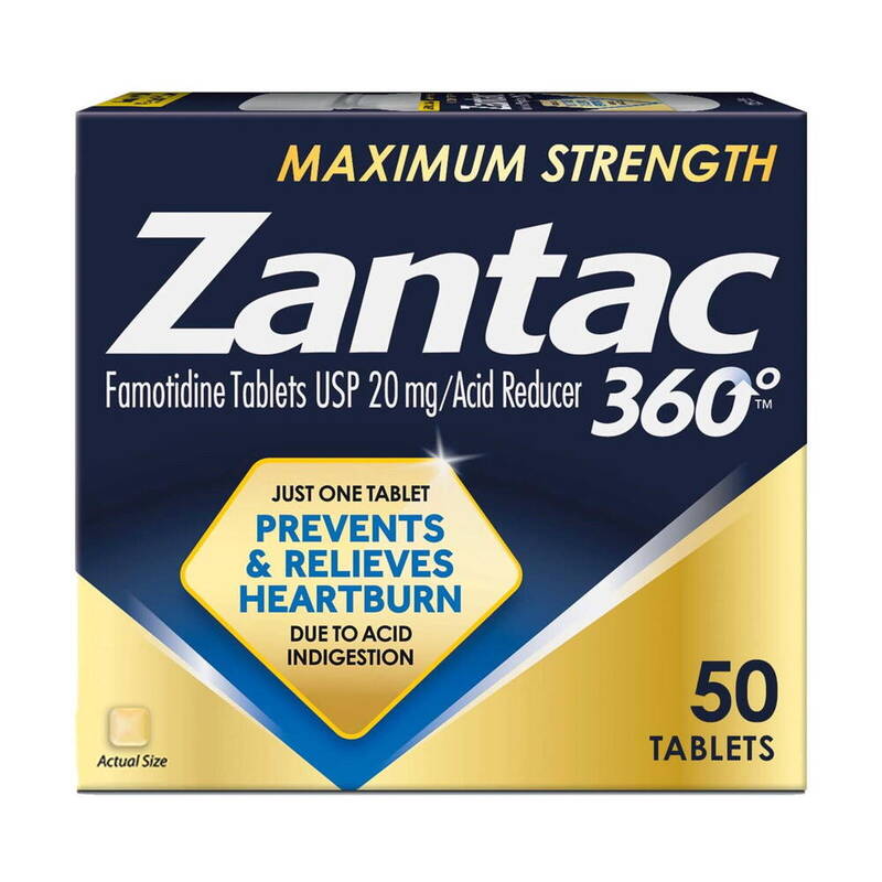 Zantac 360 Maximum Strength Acid Reducer, Famotidine 20 mg 50 tablets product package