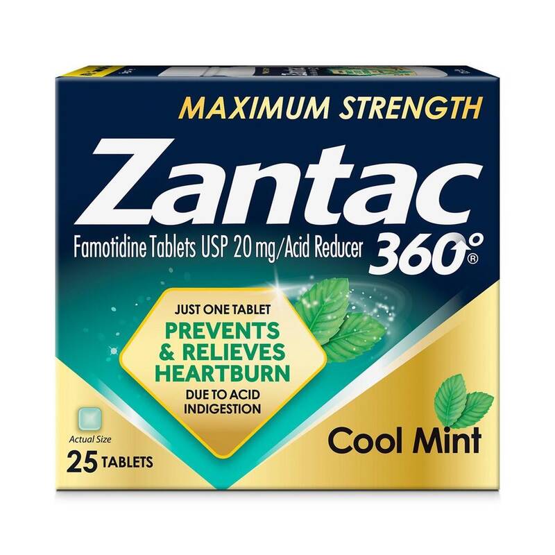 Zantac 360 Maximum Strength Cool Mint Acid Reducer, Famotidine 20 mg 25 tablets product package
