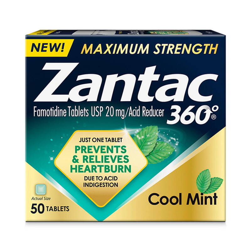 Zantac 360 Maximum Strength Cool Mint Acid Reducer, Famotidine 20 mg 50 tablets product package