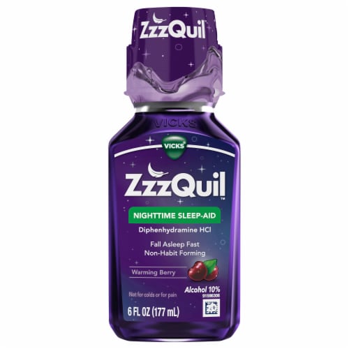 Vicks ZzzQuil Nighttime Sleep-Aid Liquid, Warming Berry 6oz product package